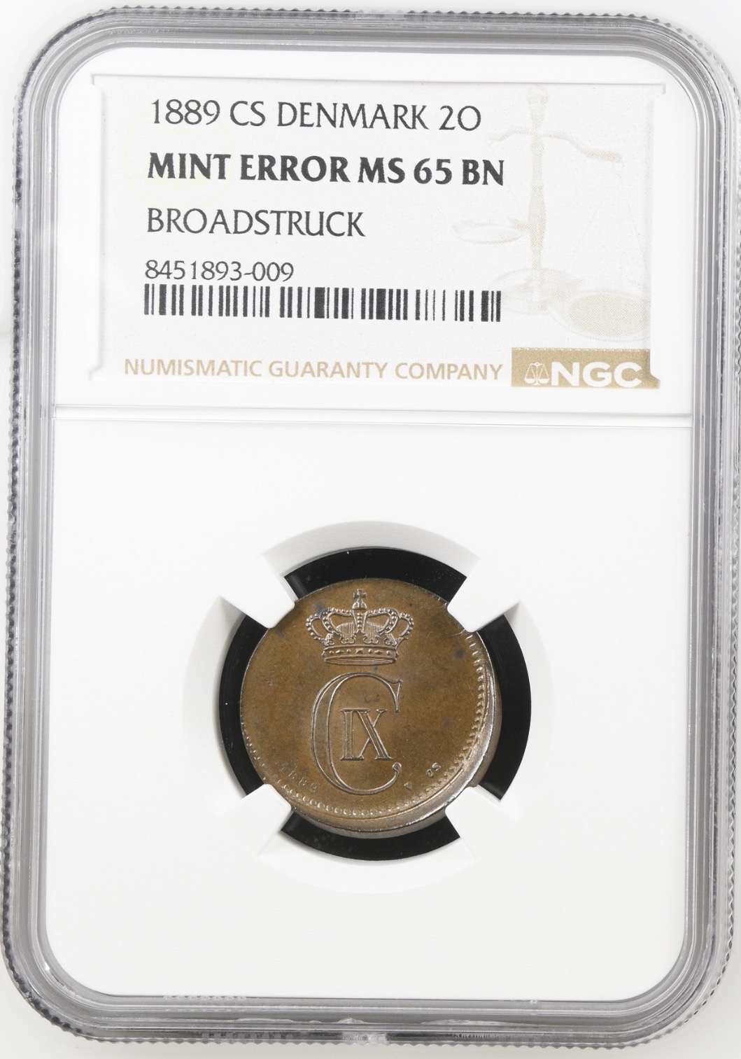1889 CS, 2 øre, Sieg 1.1, Hede 18A, Kva. 0, Graderet Mint Error MS 65 BN af NGC "TOP POP" Utrolig sjældent fejlpræg som t.o.m er i en fantastisk kvalitet