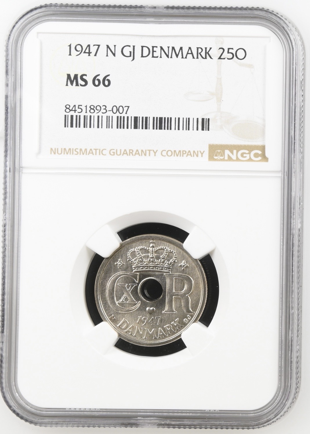 1947, 25 øre, Chr.X, Sieg 4.2, Hede 24B, Kva. M, Graderet MS 66 af NGC.