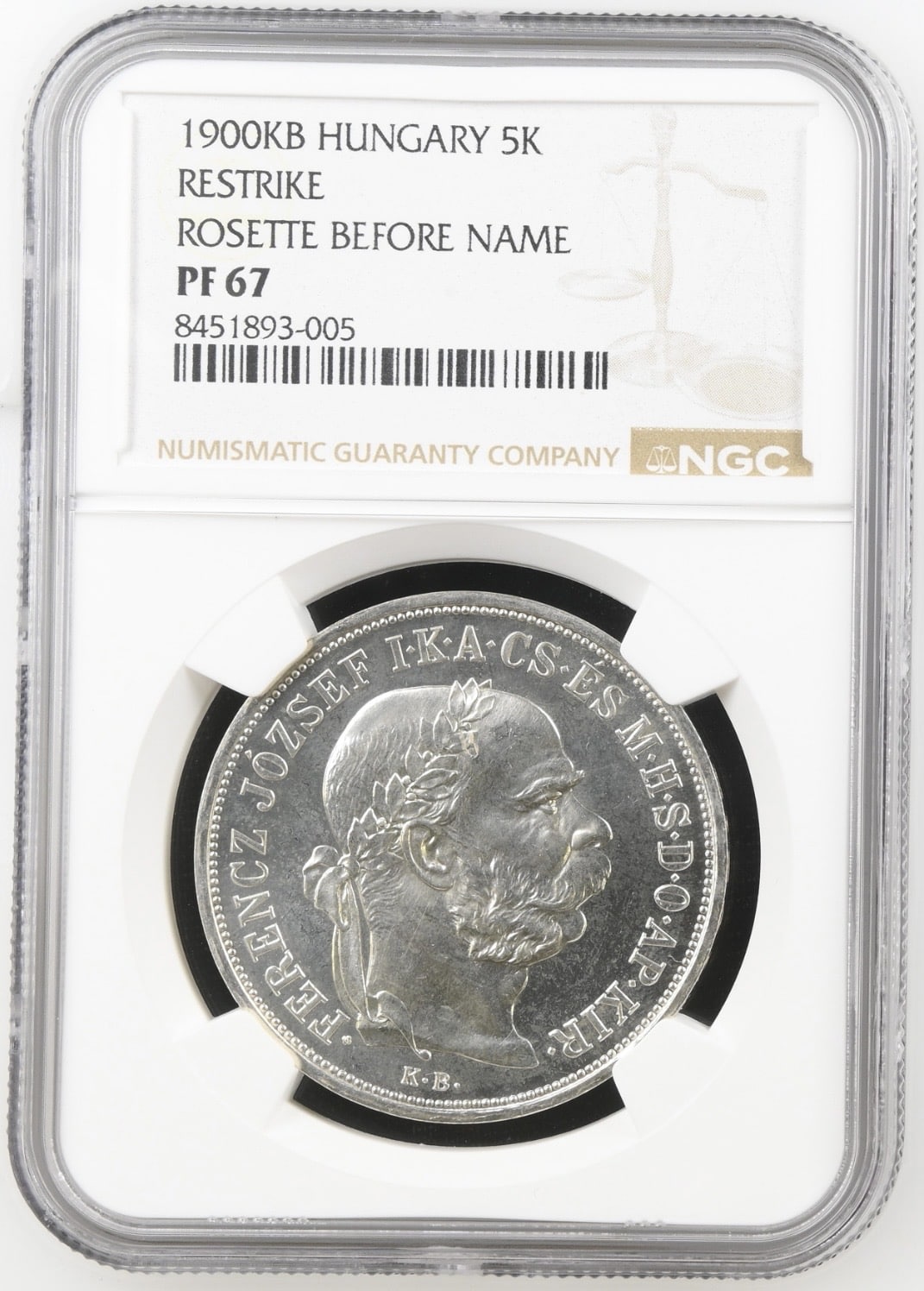 Ungran, 5 Korona 1900 KB, Restrike, rosette before name, Francis Joseph I, KM 488, H 2201, ÉH 1492, Adamo K7, Kva. Proof, Graderet PF 67 af NGC