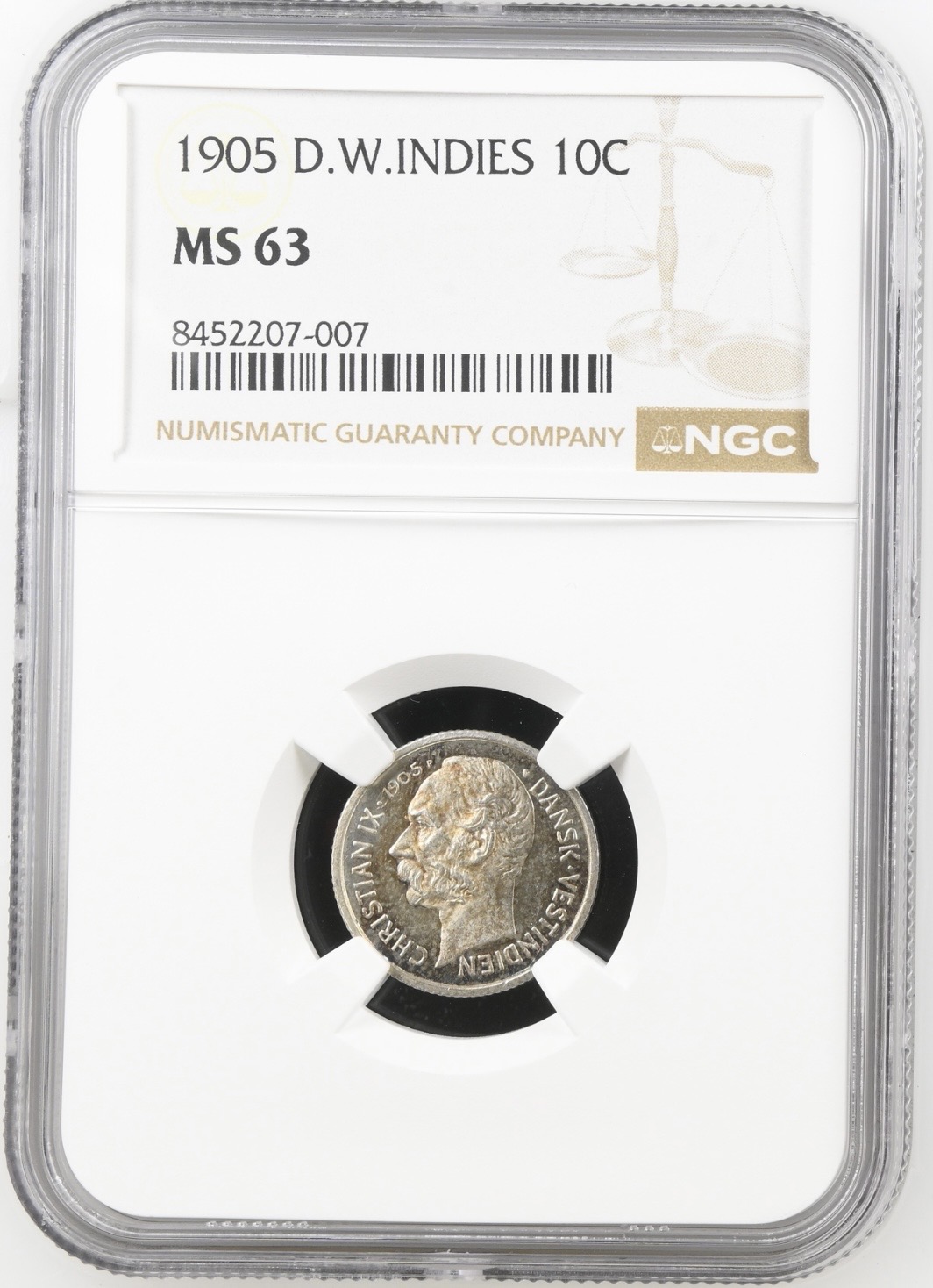 Dansk Vestindien, 10 cent 1905, Chr.IX, Sieg 28, Hede 33, KM 78, Kva. 0-M "Prooflike/Medaljepræg" Graderet MS 63 af NGC