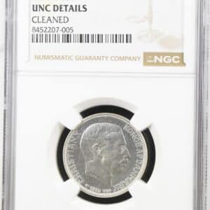 1915, 1 krone, Chr.X, Sieg 2, Hede 9, Kva. 0-M "Svag renset", Graderet UNC Details Cleaned af NGC