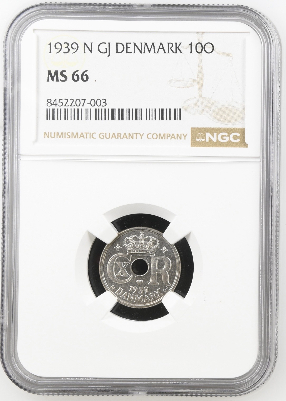 1939, 10 øre, Chr.X, Sieg 12.2, Hede 26B, Kva. M, Graderet MS 66 af NGC "TOP POP"