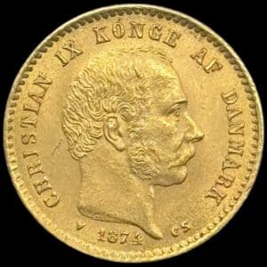 1874, 10 kroner, Chr.IX, Sieg 1.1, Hede 9A, 4,48 gram, 0.900 AU, Kva. 01 "Variant med stort mellemrum mellem 7 & 4 i årstallet"