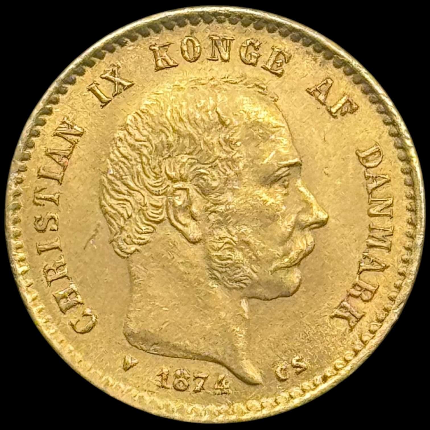1874, 10 kroner, Chr.IX, Sieg 1.1, Hede 9A, 4,48 gram, 0.900 AU, Kva. 01 "Variant med stort mellemrum mellem 7 & 4 i årstallet"