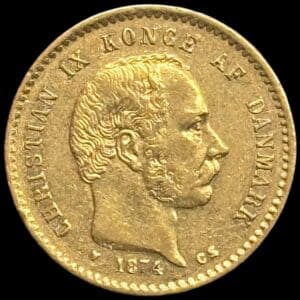1874, 10 kroner, Chr.IX, Sieg 1.1, Hede 9A, 4,48 gram, 0.900 AU, Kva. 1+ Ks.