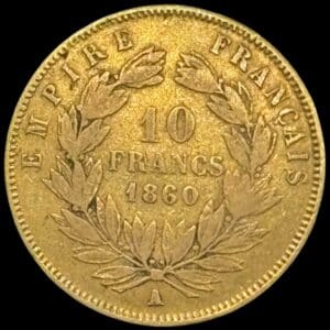 Frankrig, 10 Francs 1860, Napoléon III "Bare Head", Franc 2014 506, KM 784.3, 3,18 gram 0.900 AU, Kva. 1-1+