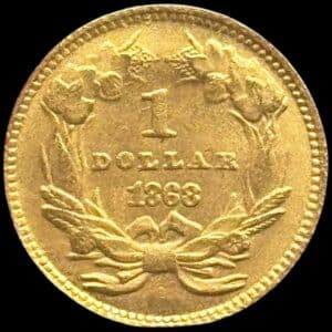 USA, 1 dollar 1868 “Indien Head” Type III, Fr. 94, KM 86, 1,67 gram 0.900 AU, Kva. 01 Filespor på rand