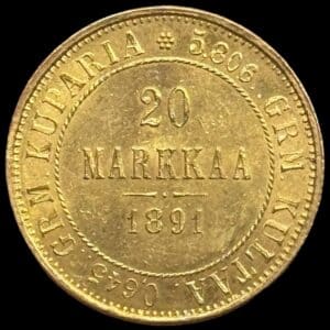 Finland, 20 Markkaa 1891 L, KM 9.2, Bitkin 612, Fr. 1, Kva. 0-01 Key date