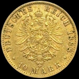 Tyskland, 10 mark 1888 J, Hamburg,	KM 600, J 209, Fr 3780, AKS 41, 3,99 gram 0.900 Au, Kva. 1+