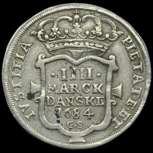 1684, 4 mark / krone, Chr.V, Sieg 42, Hede 79, Aag. 36, Kva. 1-1+