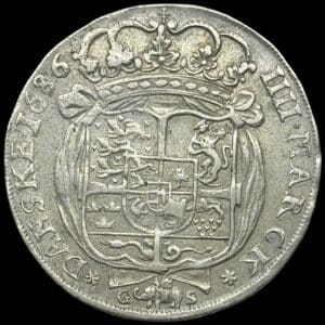 1686, 4 mark / krone, Chr.V, Sieg 43.2, Hede 82, Kva. 1+