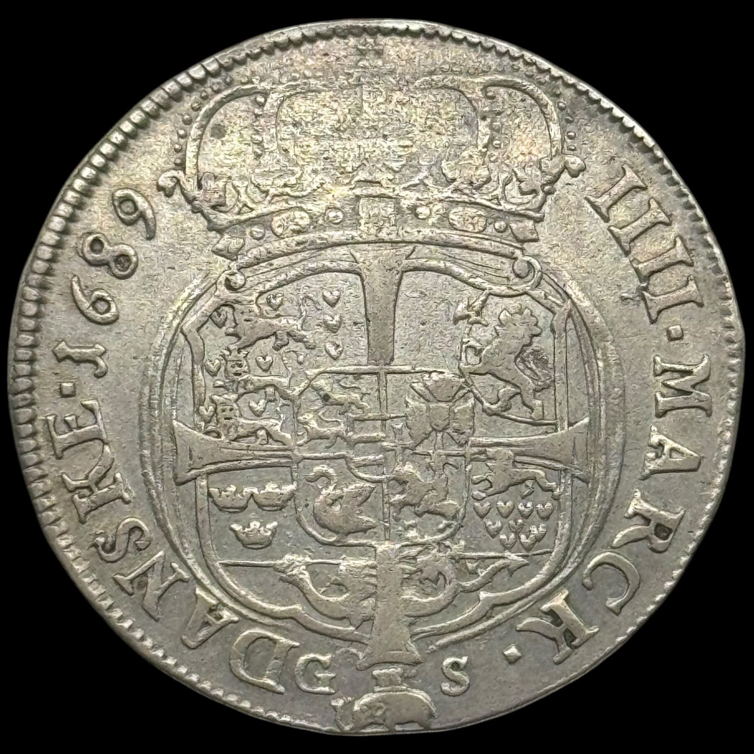 1689, 4 mark / krone, Chr.V, Sieg 44.1, Hede 82, Kva. 1-1+