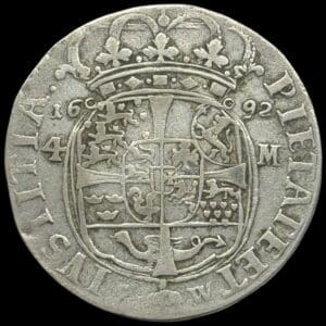 1692, 4 mark / krone, Chr.V, Sieg 46.1, Hede 90A, Kva. 1, Ex. Tom Arild Antonsen BR 1923/5058. muligvis været monteret
