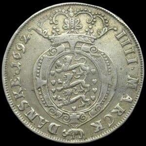 1692, 4 mark / krone, Glückstadt, Chr.V, Sieg 138.1, Hede 125A, Kva. 1+ Blanketfejl