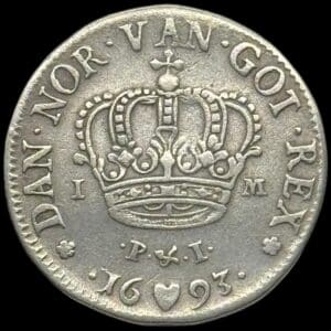 1693, 1 mark, Chr.V, Sieg 22.1, Hede 107A, Kva. 1+-1