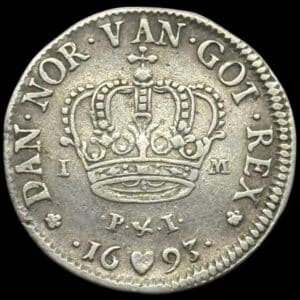 1693, 1 mark, Chr.V, Sieg 22.1, Hede 107A, Kva. 1+-1