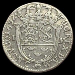 1692, 1 mark, Chr.V, Sieg 20.3, Hede 95C, Aag. 69, Kva. 1+-1