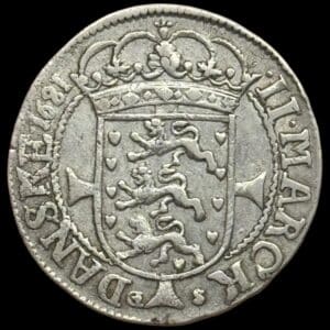 1681, 2 mark, Chr.V, Sieg 27, Hede 69B, Aag. 31, Kva. 1-1+