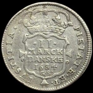 1684, 2 mark, Chr.V, Sieg 28.1, Hede 80, Kva. 1+-1