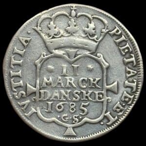 1685, 2 mark, Chr.V, Sieg 28.1, Hede 80, Kva. 1 renset