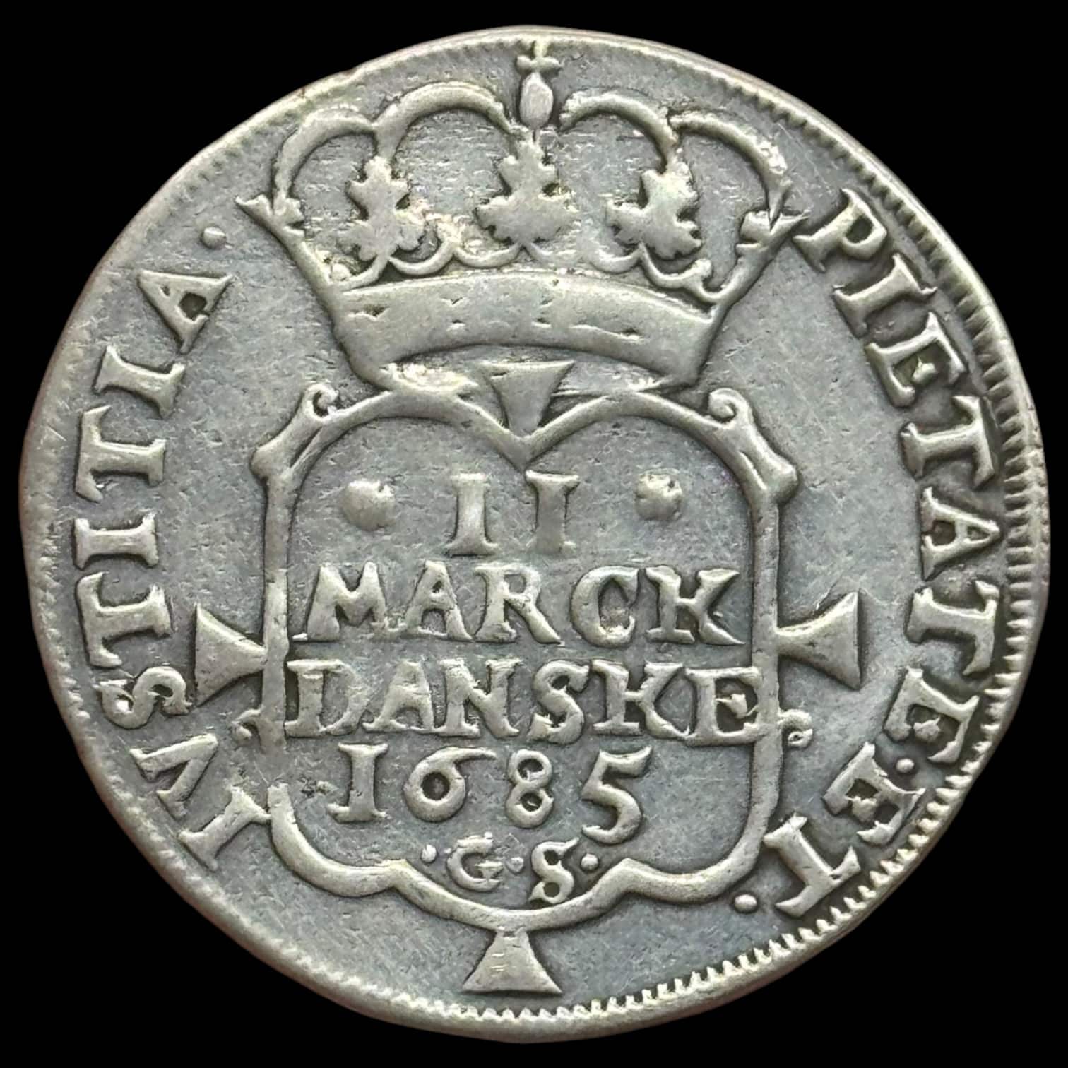 1685, 2 mark, Chr.V, Sieg 28.1, Hede 80, Kva. 1 renset