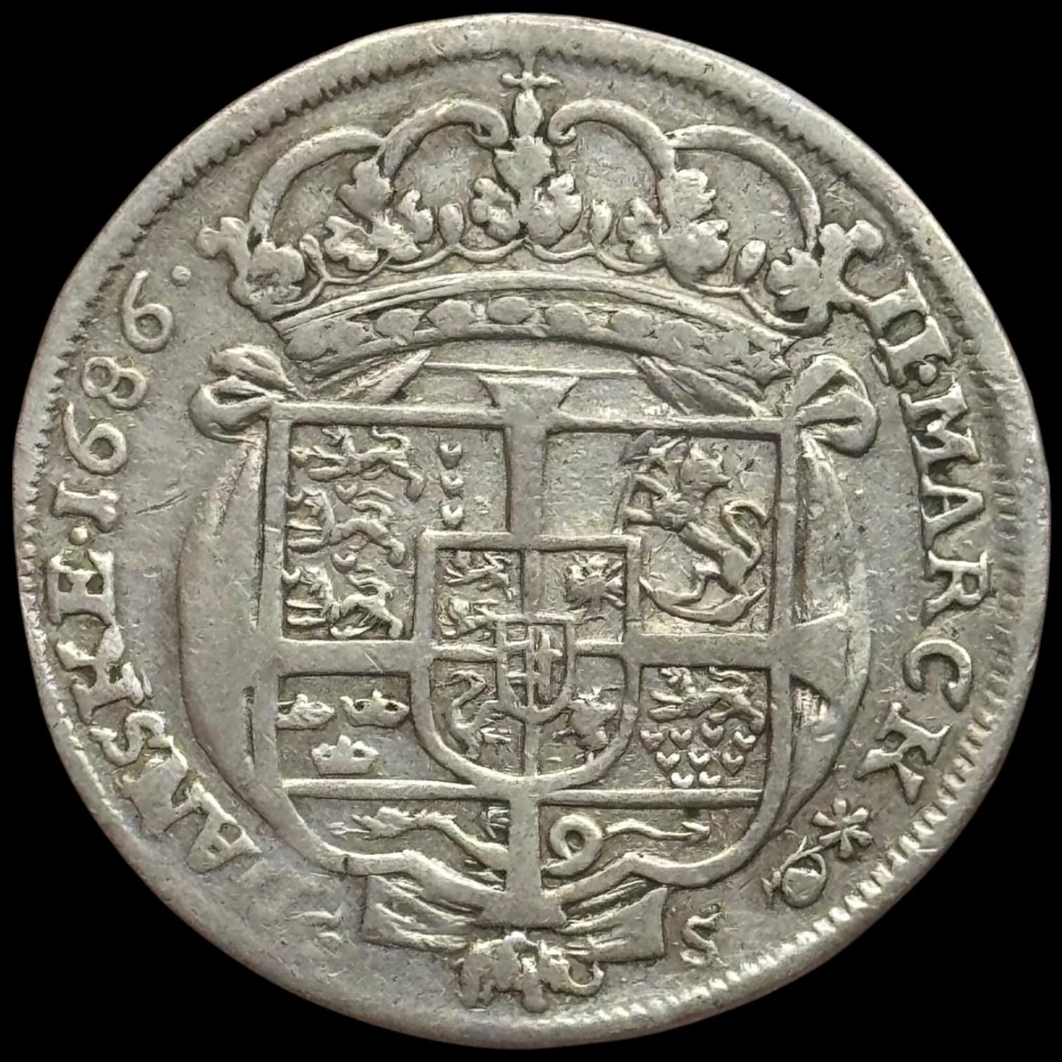 1686, 2 mark, Chr.V, Sieg 29, Hede 83, Kva. 1+-1