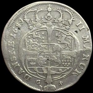1689, 2 mark, Chr.V, Sieg 30, Hede 83, Kva. 1+-1