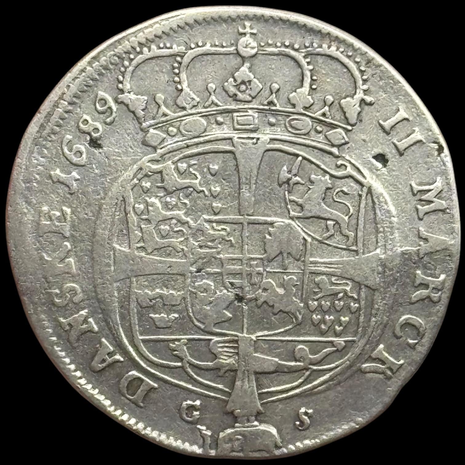 1689, 2 mark, Chr.V, Sieg 30, Hede 83, Kva. 1+-1