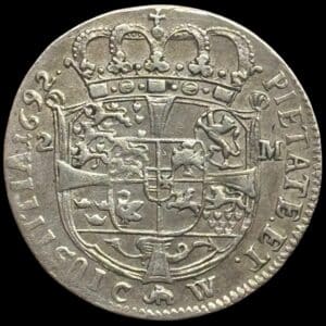 1692, 2 mark, Chr.V, Sieg 32.2, Hede 93B, Kva. 1+-1