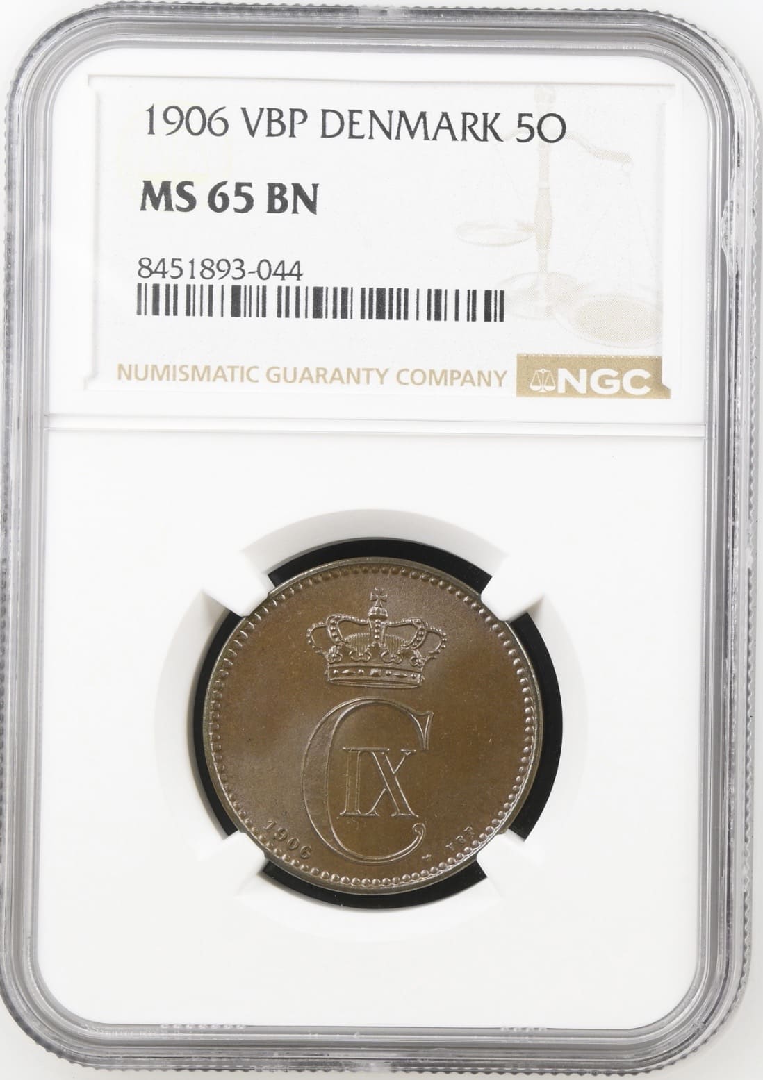 1906 VBP, 5 øre, Chr.IX, Sieg 1.2, Hede 17B, Kva. 0-M, Graderet MS 65 BN af NGC