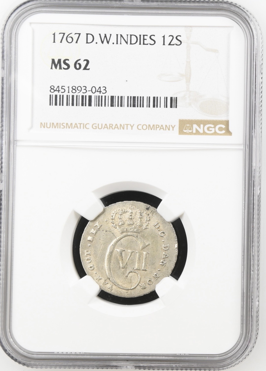 Dansk Vestindien, 12 skilling 1767, Chr.VII, Sieg 9.5, Hede 8, KM 12, Kva. 0-01, Graderet MS 62 af NGC