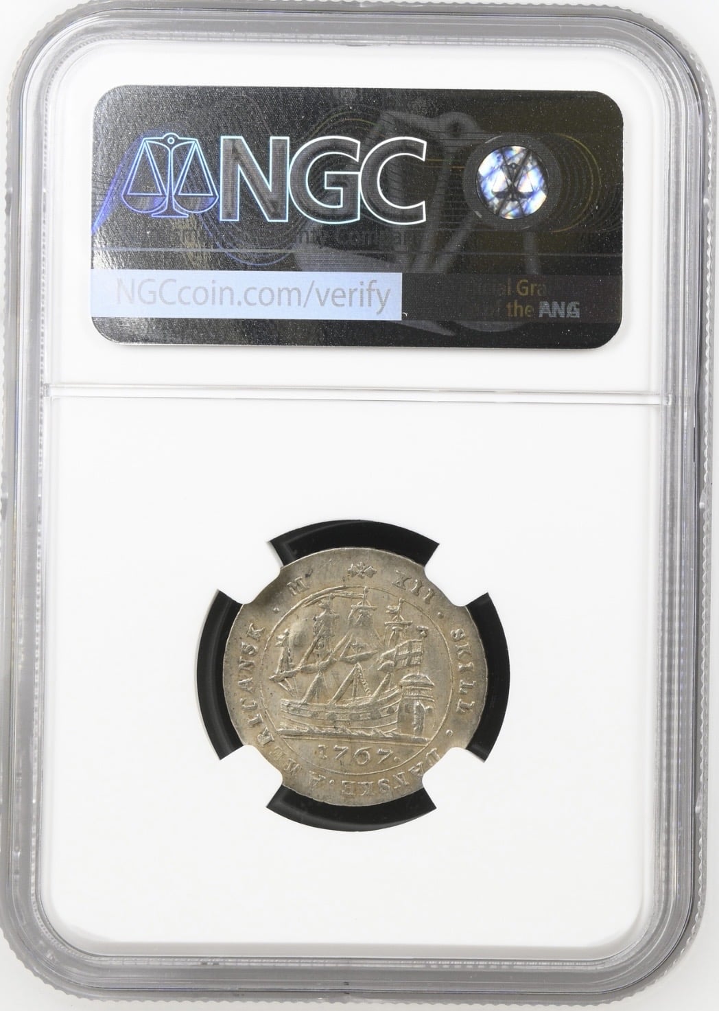 Dansk Vestindien, 12 skilling 1767, Chr.VII, Sieg 9.5, Hede 8, KM 12, Kva. 0-01, Graderet MS 62 af NGC - Image 2
