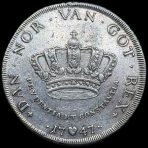 1747, 1 krone, Fre.V, Sieg 11, Hede 29B, Kva. 1+