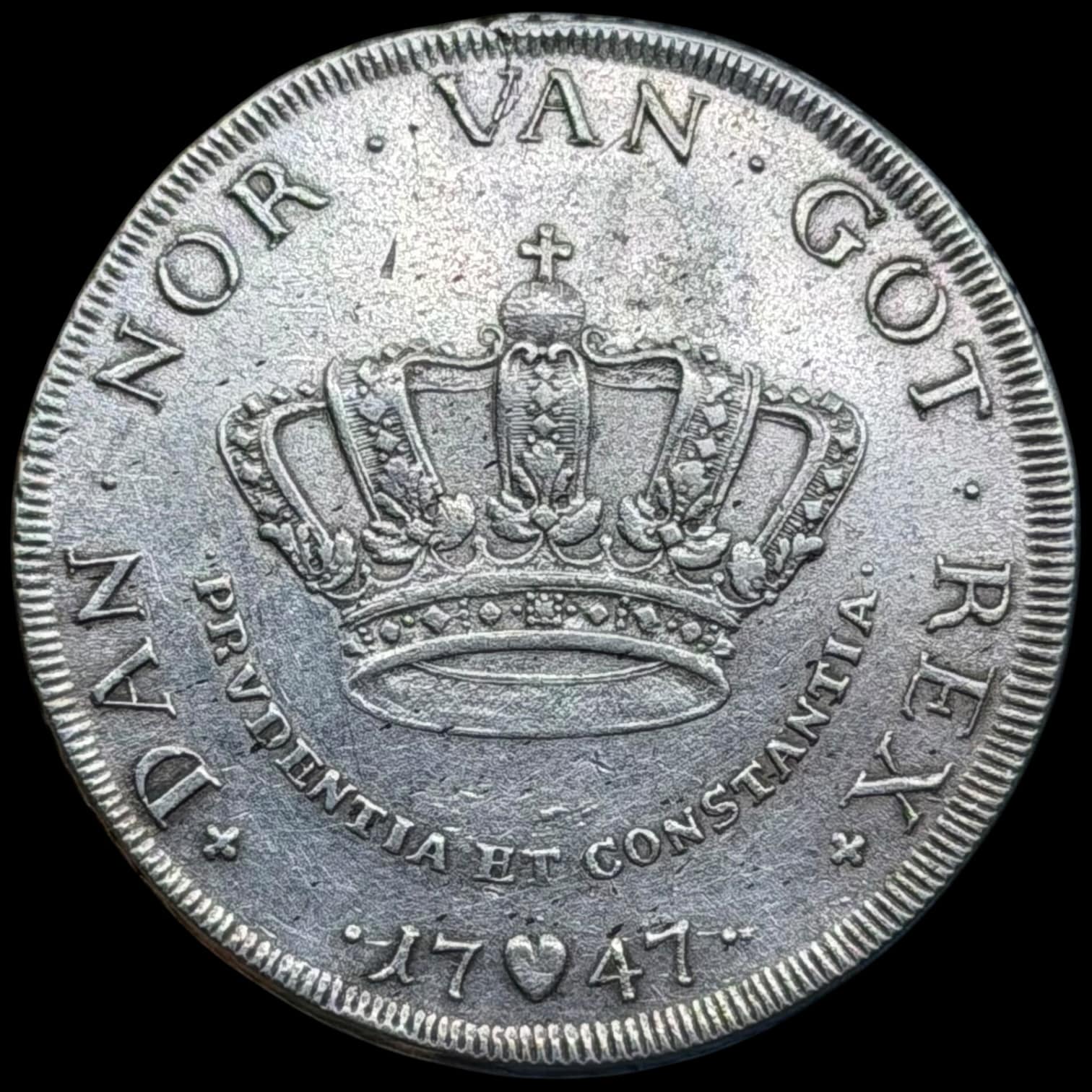 1747, 1 krone, Fre.V, Sieg 11, Hede 29B, Kva. 1+
