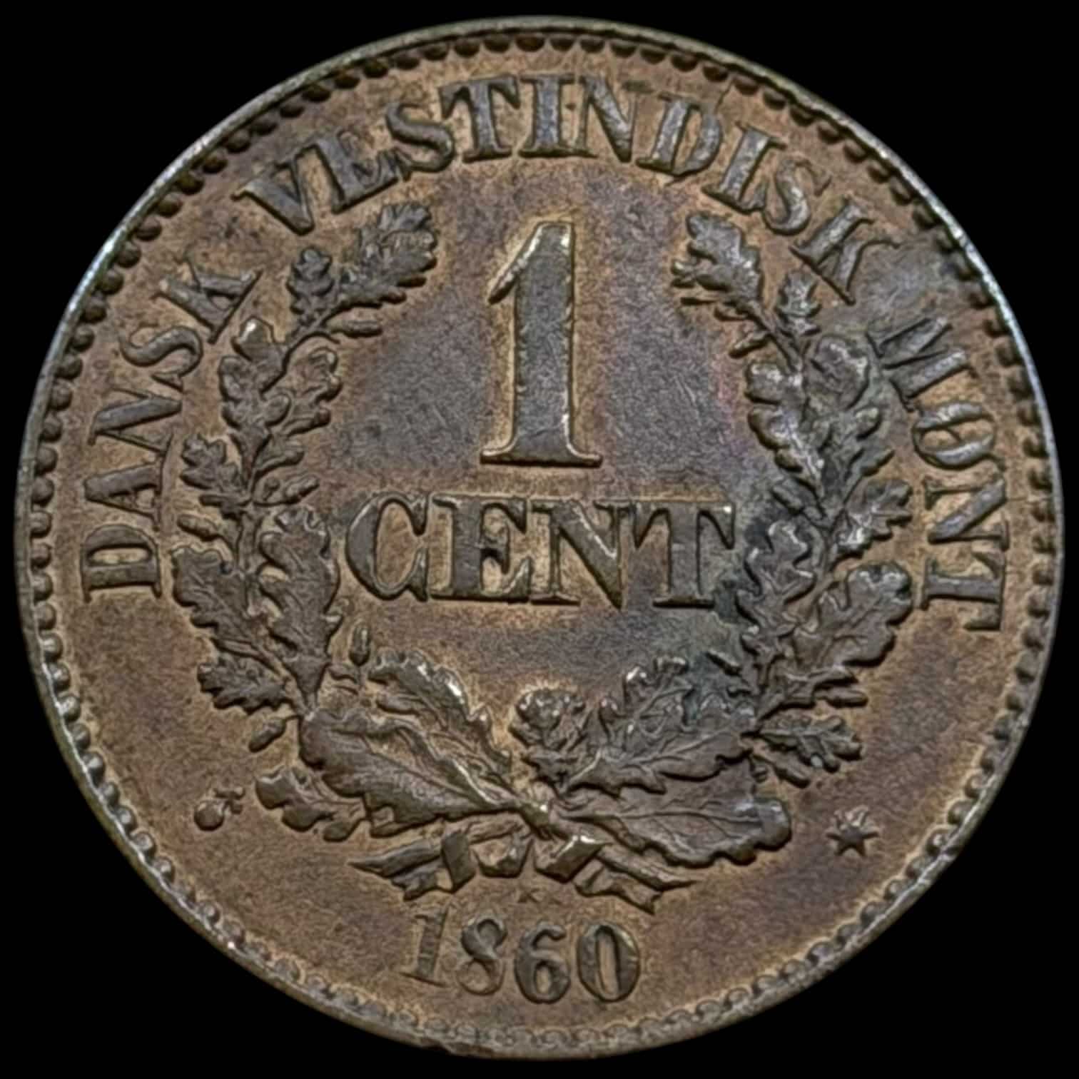 Dansk Vestindien, 1 cent 1860, Fre.VII, Sieg 15, Hede 23, KM 63, Kva. 1+-01 plet