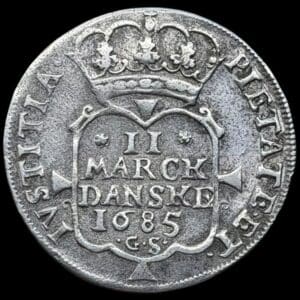 1685, 2 mark, Chr.V, Sieg 28.2, Hede 80, Aag. 38, Kva. 1+ ualm.