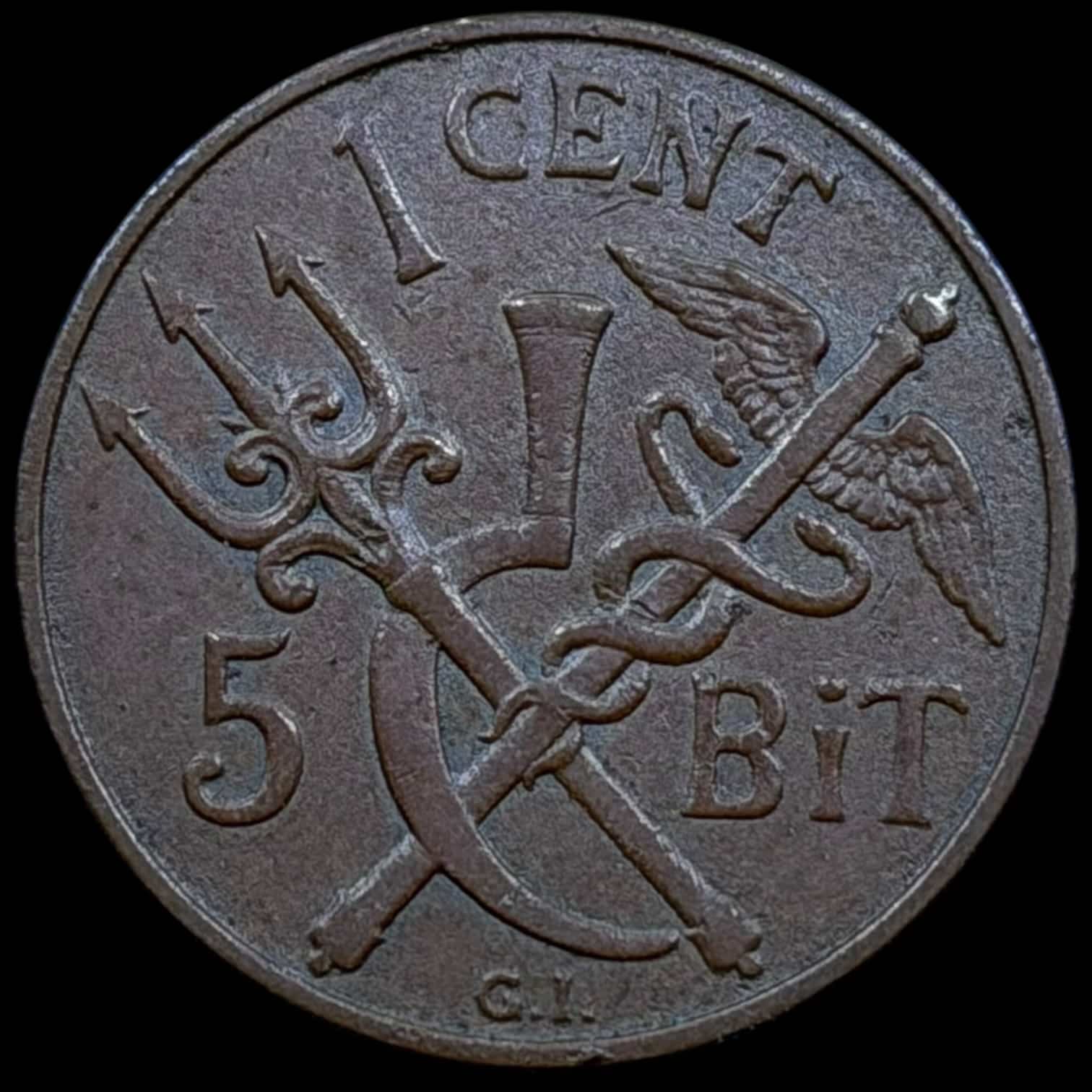 Dansk Vestindien, 5 bit / 1 cent 1913, Chr.X, Sieg 35, Hede 40, KM 83, Kva. 1+ - Image 2