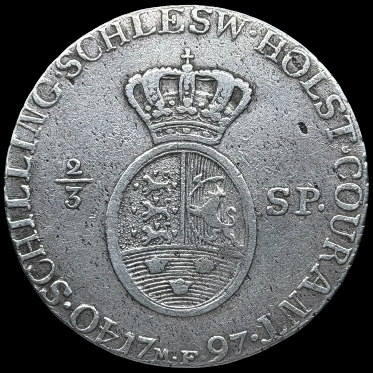 1797 MF, 2/3 speciedaler, Slesvig-Holsten, Chr.VII, Sieg 44, Hede 40, Kva. 1+ renset