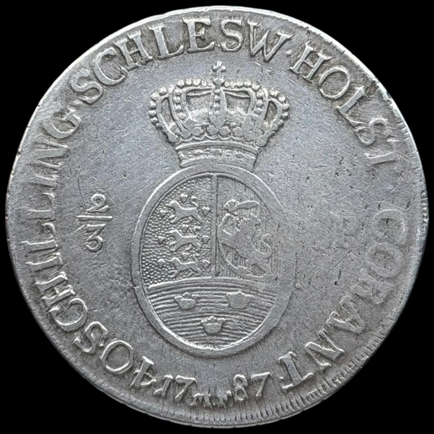 1787 MF, 2/3 speciedaler, Slesvig-Holsten, Chr.VII, Sieg 44, Hede 40, Kva. 1+-1
