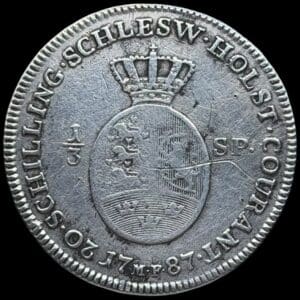 1787 A, 1/3 speciedaler, Slesvig-Holsten, Chr.VII, Sieg 43.2, Hede 41B, Kva. 1+-1 sjælden, ridse, renset