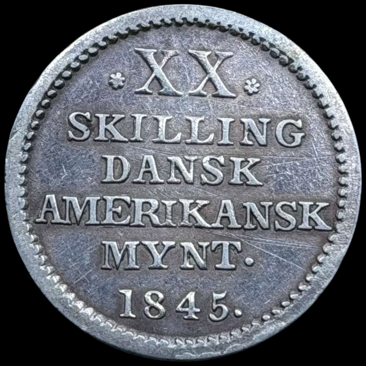 Dansk Vestindien, 20 skilling 1845, Sieg 13.2, Hede 13, KM 17, Kva. 1+-01