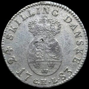 1783 CHL, 24 skilling, Chr.VII, Sieg 12.1, Hede 28A, Kva. 1+, har været hængt