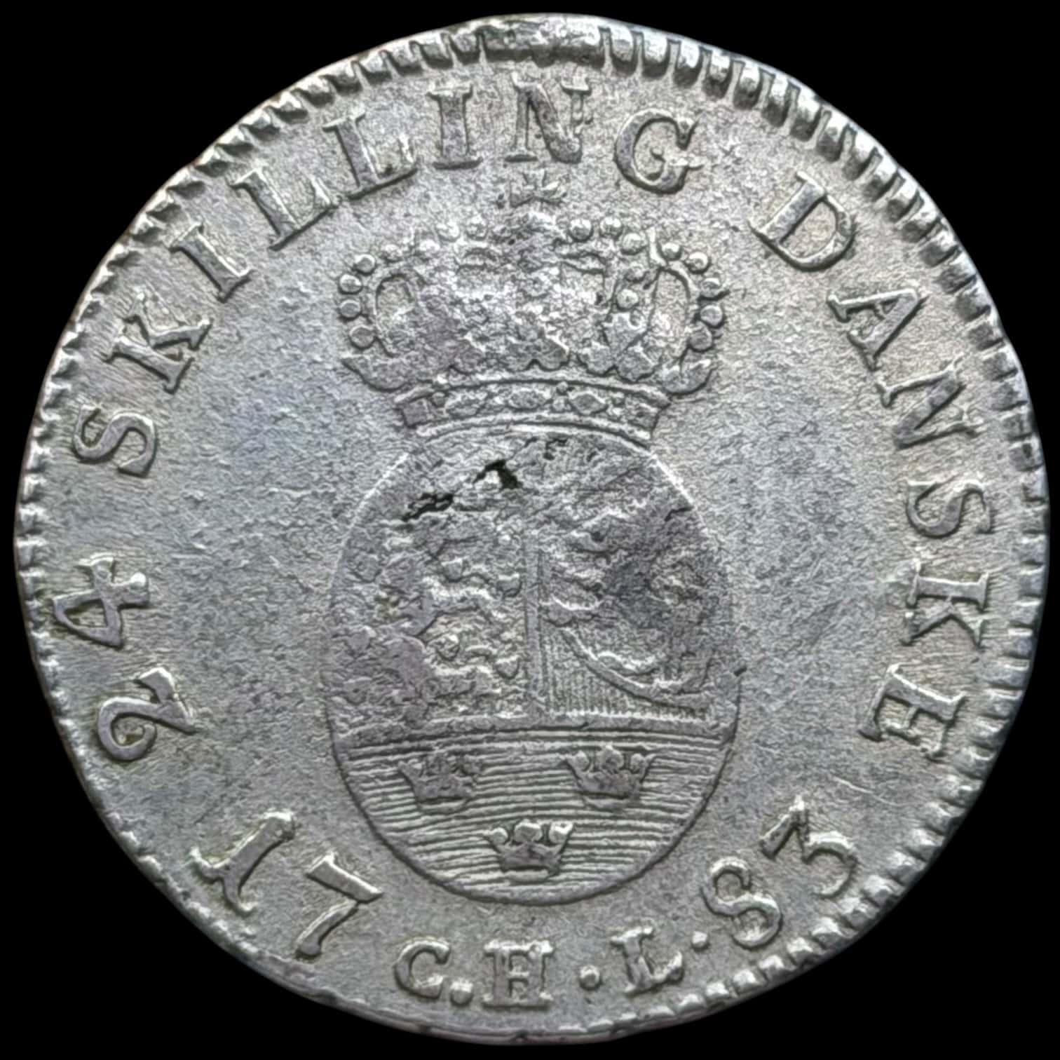 1783 CHL, 24 skilling, Chr.VII, Sieg 12.1, Hede 28A, Kva. 1+, har været hængt