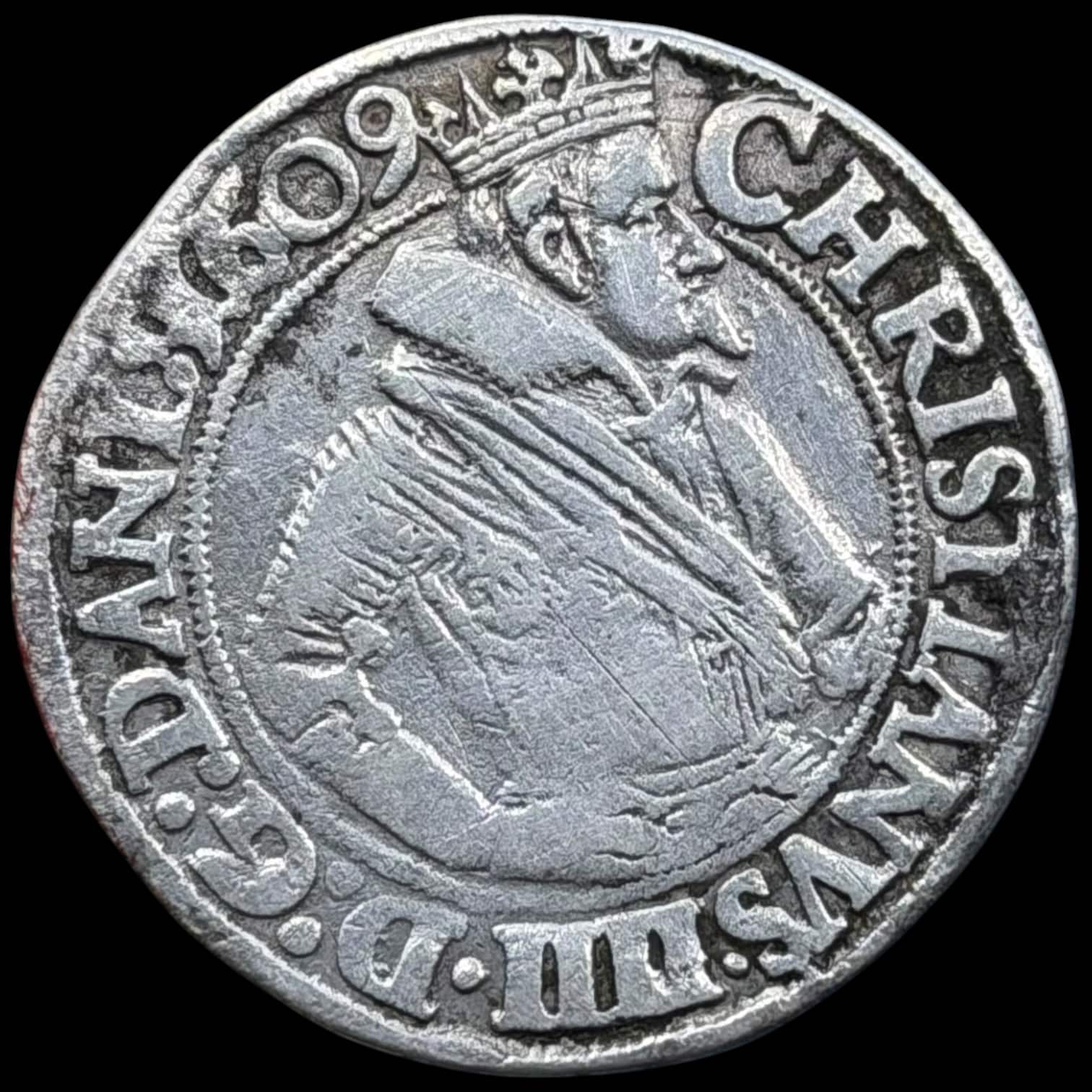 1609, 1 mark, Chr.IV, Sieg 66.2, Hede 95A, Kva. 1-1+ u.alm årgang