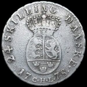 1778 CHL, 24 skilling, Chr.VII, Sieg 12.1, Hede 28A, Kva. 1+-1 ridser, sjælden