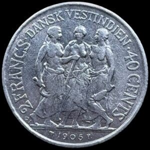 Dansk Vestindien, 2 francs / 40 cent 1905, Chr.IX, Sieg 30, Hede 31, KM 80, Kva. 1+ renset