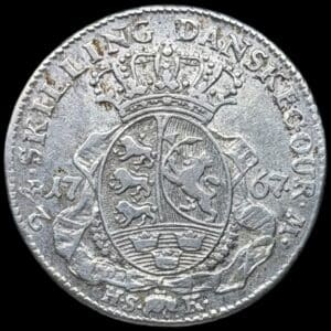1767 HSK, 24 skilling, Chr.VII, Sieg 11, Hede 27, Kva. 01-1+, Præget som kastemønt til kongens salving den 1. maj 1767