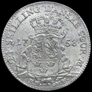 1758 PNVH, 24 skilling, Fre.V, Sieg 7.1, Hede 35A, Kva. 01-1+