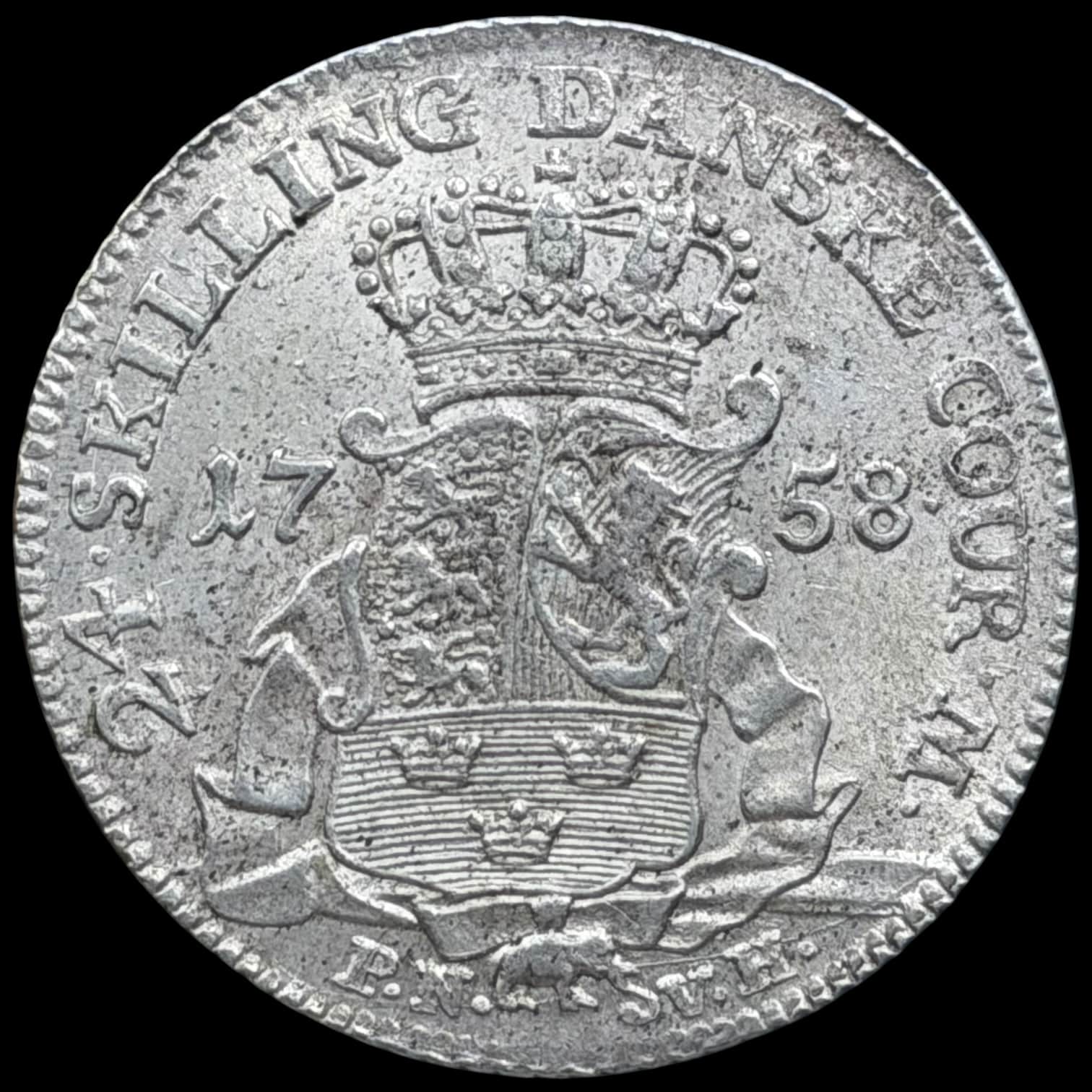 1758 PNVH, 24 skilling, Fre.V, Sieg 7.1, Hede 35A, Kva. 01-1+