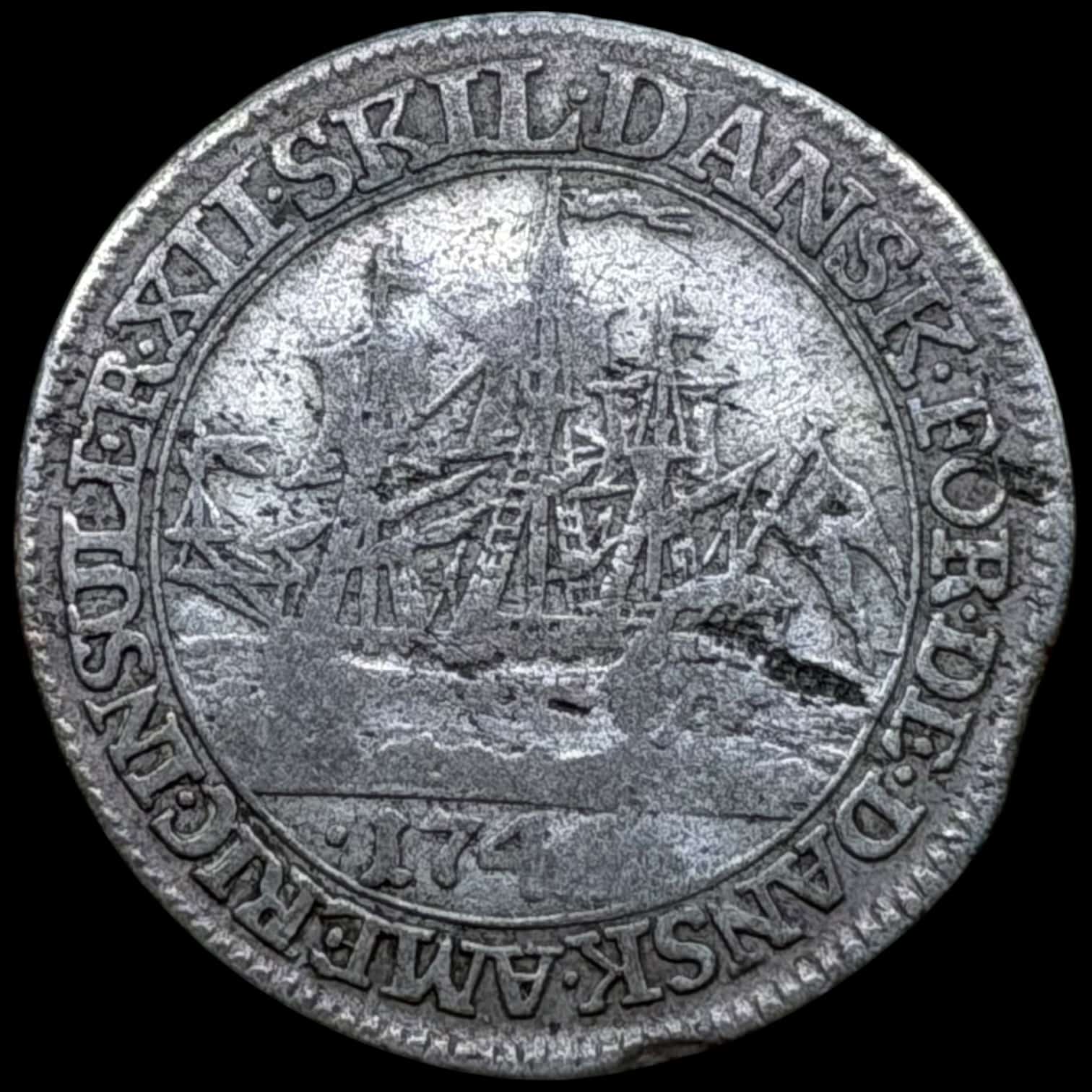Dansk Vestindien, 12 skilling 1748, Fre.V, Sieg 4, Hede 4, KM 5, Kva. 1